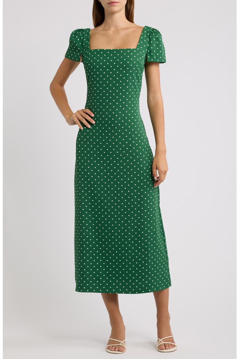 Polka Dot Square Neck Midi Dress, Main, color, GREEN POLKA DOT