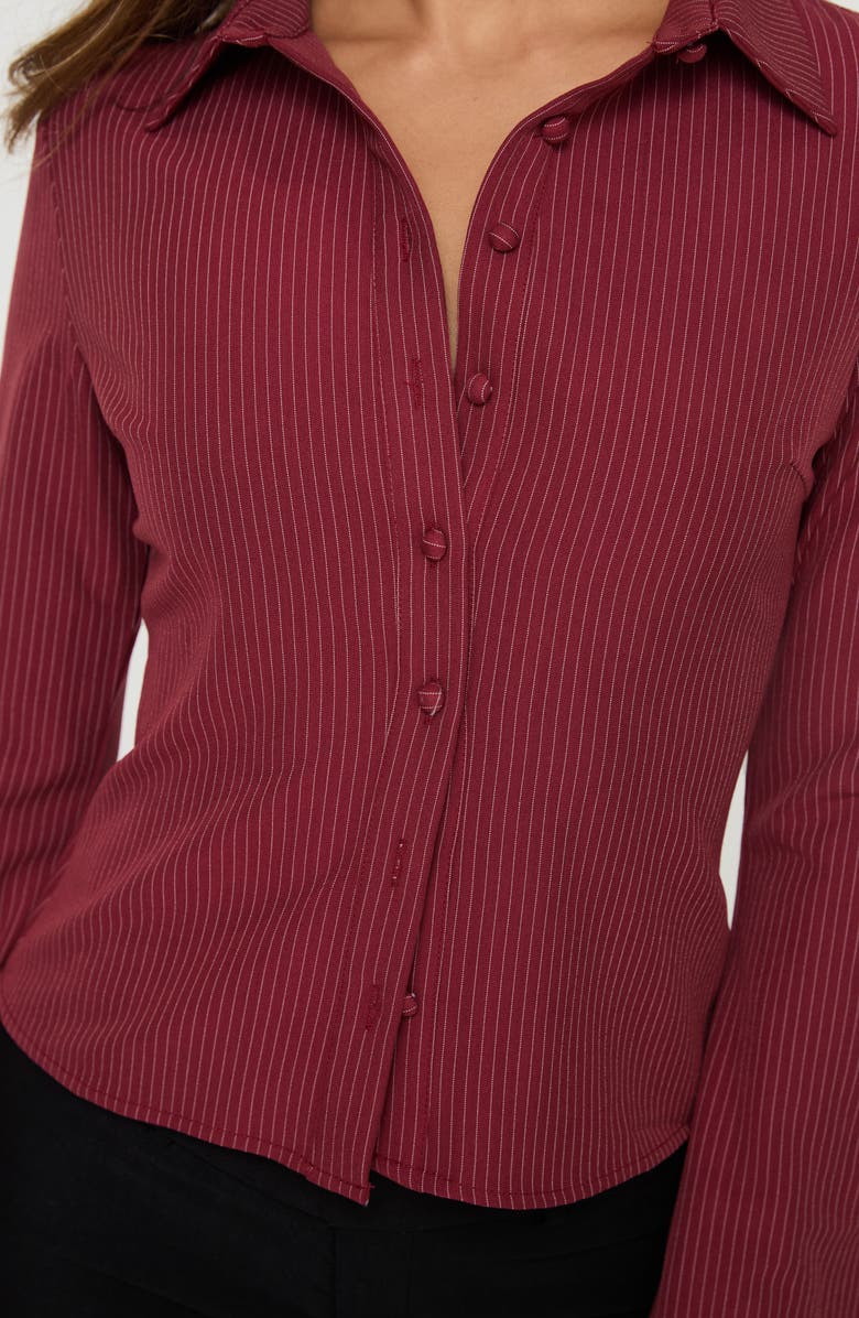 Princess Polly Anni Pinstripe Long Sleeve Button-Up Shirt, Alternate, color, Red