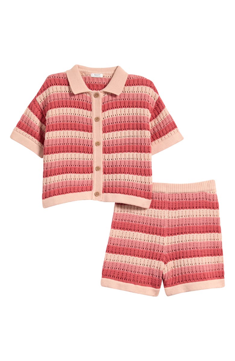 NEXT Kids' Stripe Open Knit Shirt & Shorts Set, Main, color, Coral