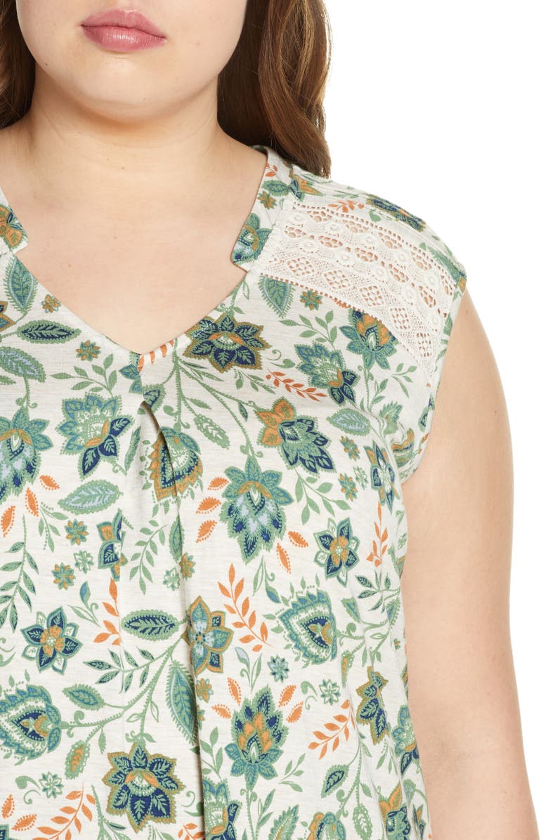 DR2 by Daniel Rainn Daniel Rainn Border Print Lace Shoulder Tank Top, Alternate, color, 