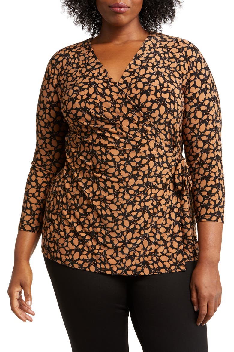 Leaf Print Faux Wrap Top, Main, color, ANNE BLACK/ VICUNA