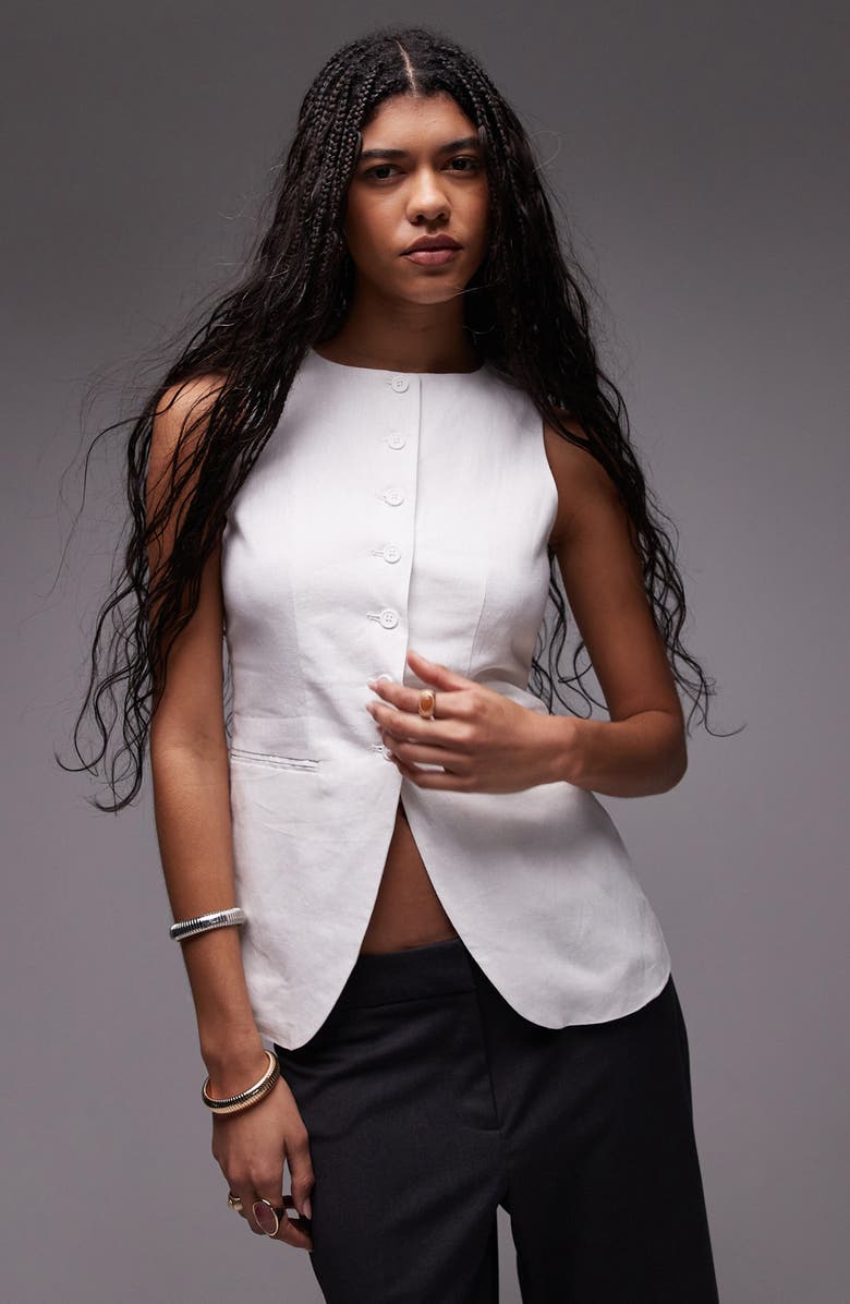 Topshop Linen Blend Button-Up Vest, Main, color,