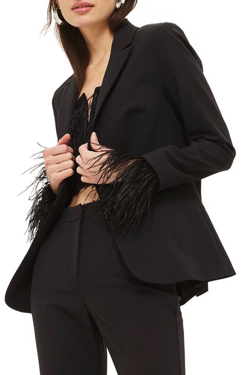 Topshop Feather Trim Blazer, Alternate, color,