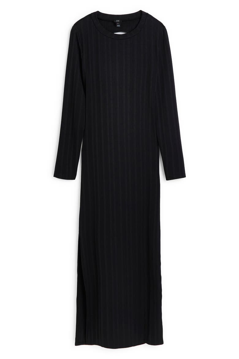 Lace-Up Back Long Sleeve Rib Midi Dress, Alternate, color, BLACK