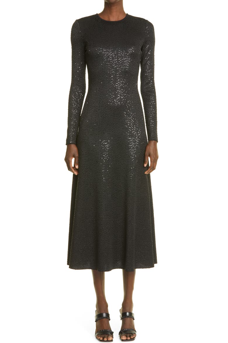 St. John Collection Sequin Knit Fit & Flare Dress, Main, color, BLACK