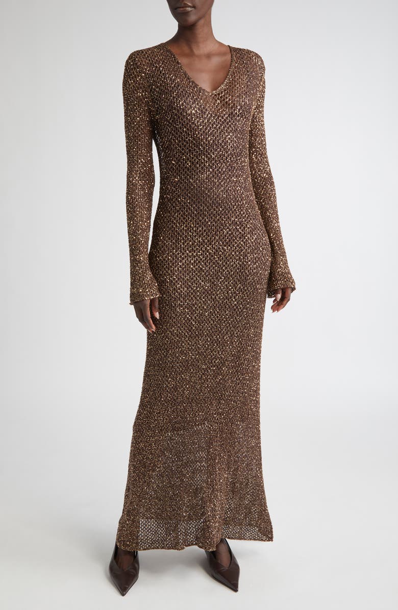 Altuzarra Ozzie Long Sleeve Sequin Maxi Sweater Dress, Main, color, Charred Oak