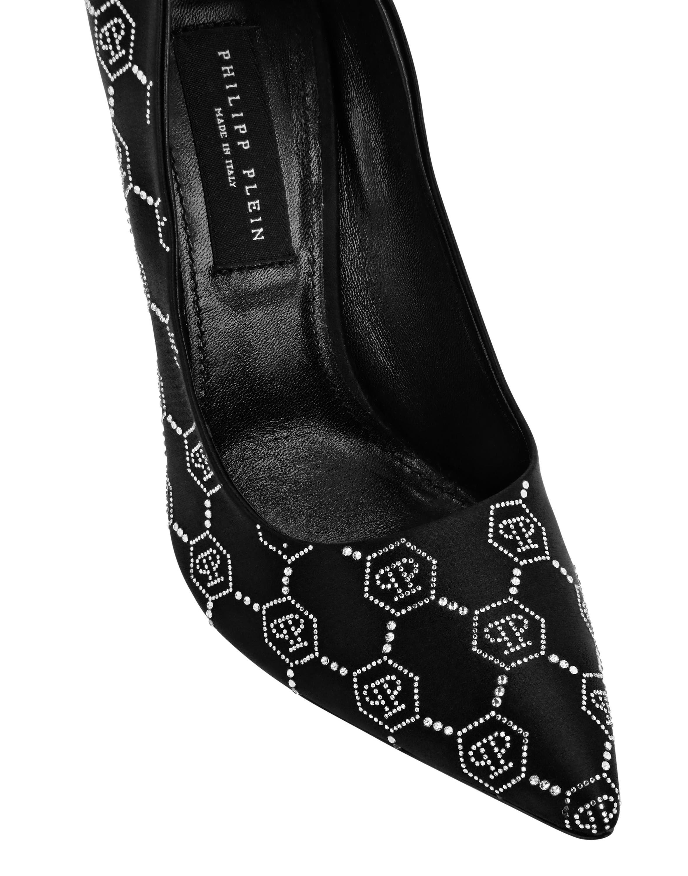 PHILIPP PLEIN Satin Decollete Hi-Heels Strass Monogram Women, Alternate, color, Black/Crystal