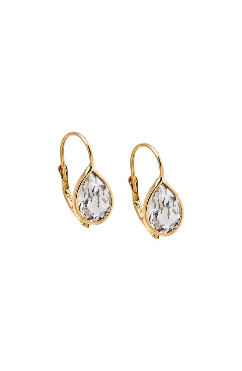 BY ADINA EDEN White Topaz Pear Bezel Fish Hook Huggie Earring 14K, Main, color, 14K Gold