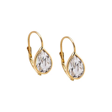 White Topaz Pear Bezel Fish Hook Huggie Earring 14K
