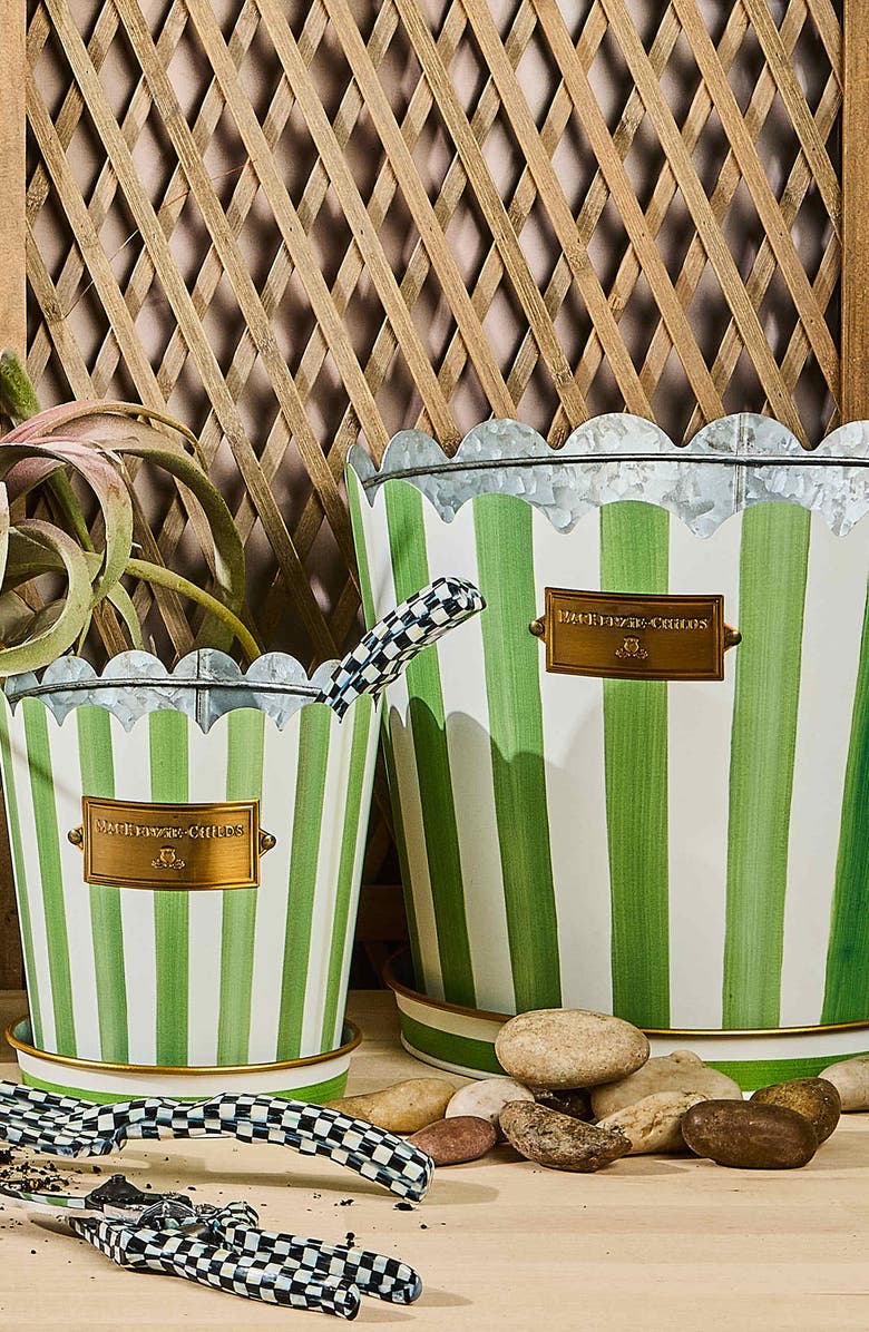 MACKENZIE CHILDS Grass Green Stripe Set of 3 Pots & Saucers, Alternate, color, Green