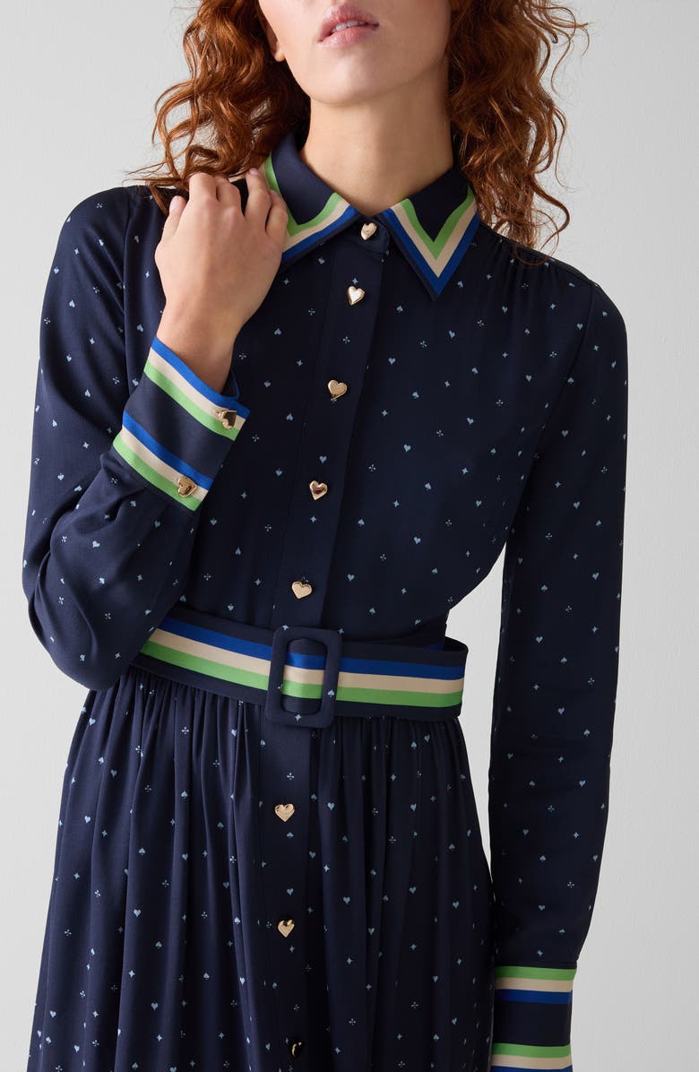 LK Bennett Kate Heart Print Long Sleeve Belted Midi Shirtdress, Alternate, color, Navy Multi