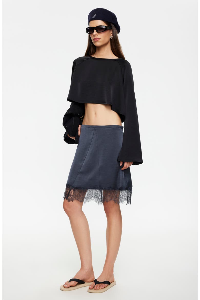 Gloss Long Sleeve Satin Crop Top, Alternate, color, NOIR