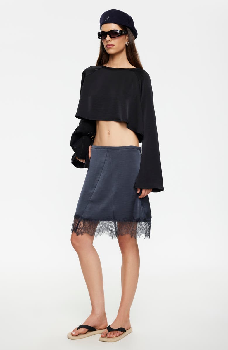 LIONESS Gloss Long Sleeve Satin Crop Top, Alternate, color, Noir