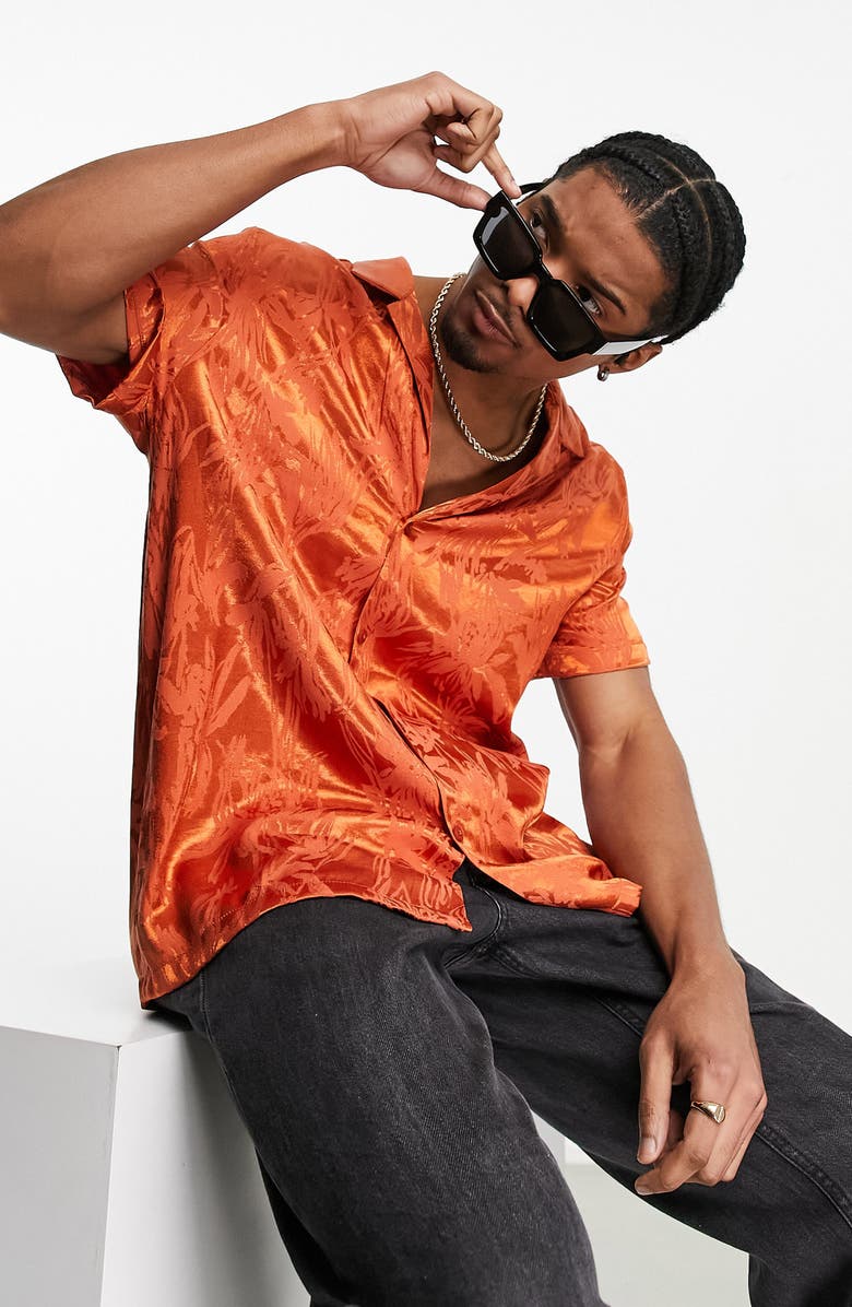 ASOS DESIGN Leaf Pattern Relaxed Camp Shirt, Alternate, color, 