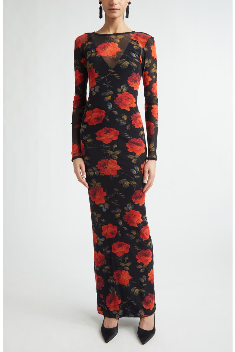 Rose Print Long Sleeve Mesh Dress, Main, color, BLACK MULTI