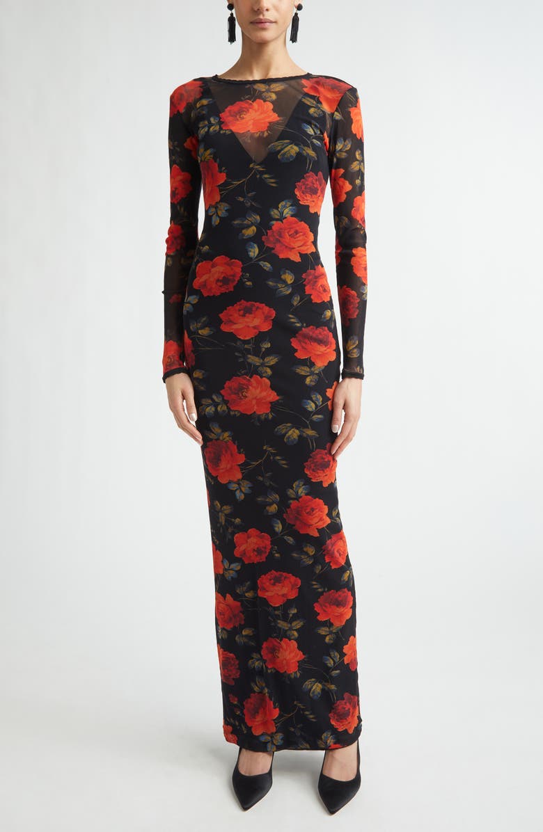 Carolina Herrera Rose Print Long Sleeve Mesh Dress, Main, color, Black Multi