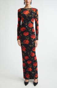 Carolina Herrera Rose Print Long Sleeve Mesh Dress