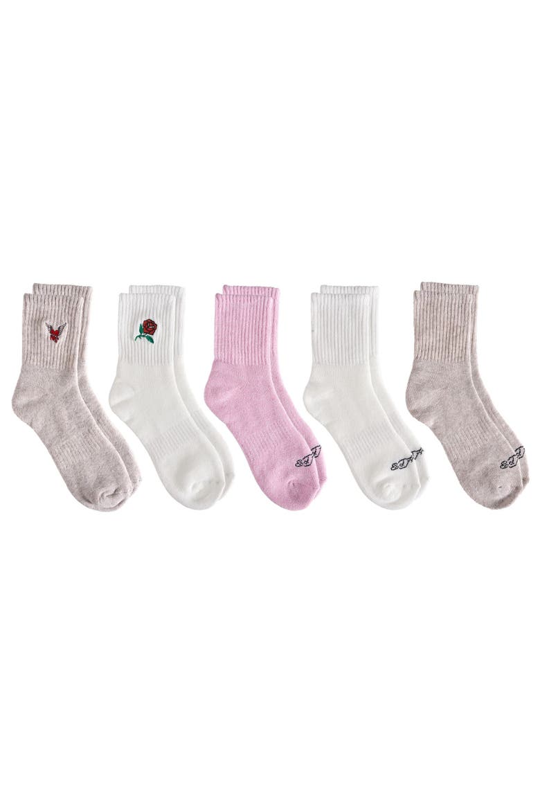 Rose and Bird Embroidery Full Cushion Mid Crew Sock 5 Pack, Alternate, color, Ivory