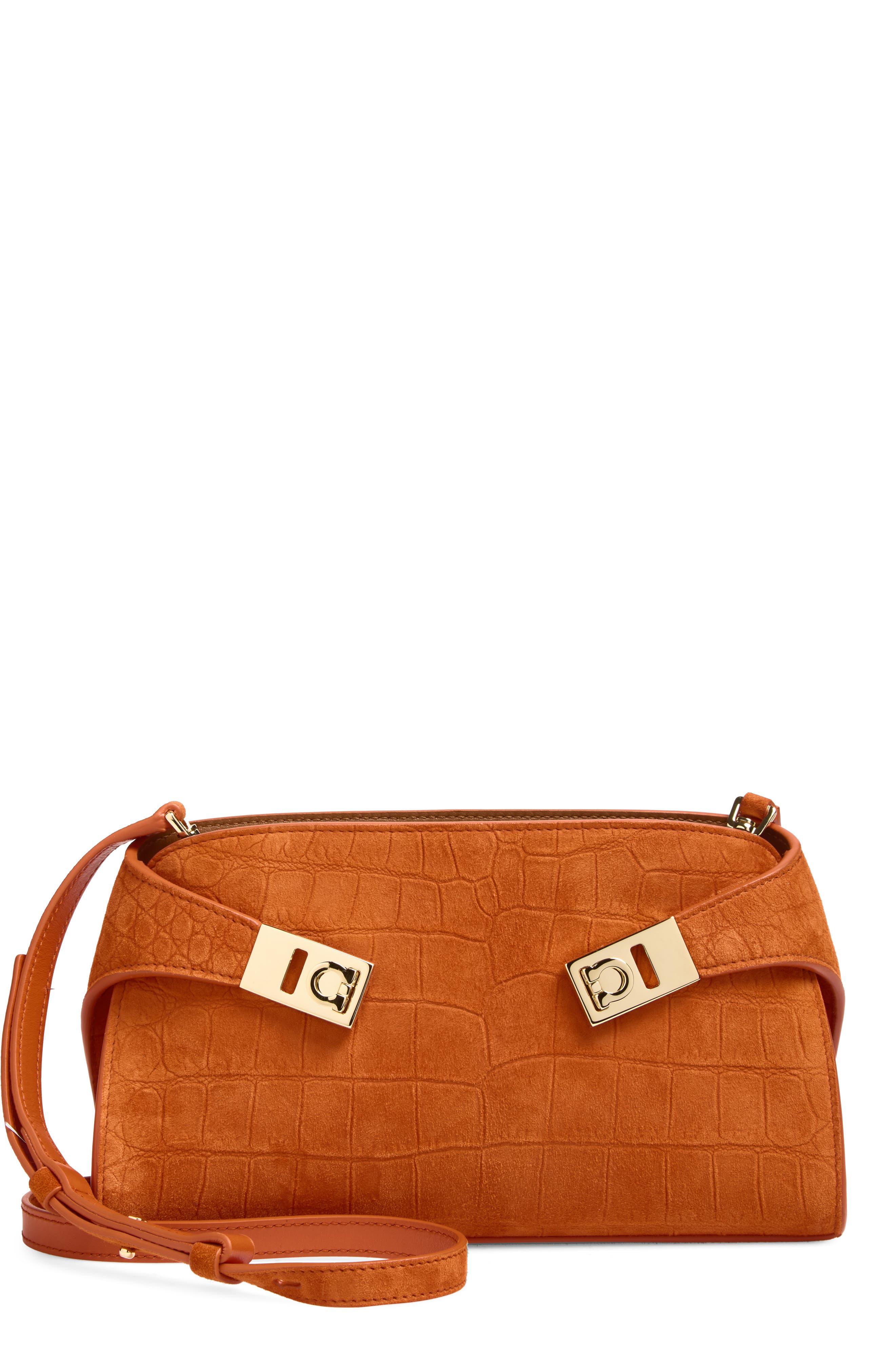 FERRAGAMO Hug Croc Embossed Suede East/West Shoulder Bag, Main, color, Light Siena Naturale Rst