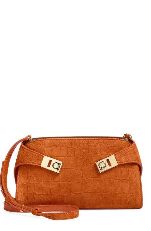 Hug Croc Embossed Suede East/West Shoulder Bag