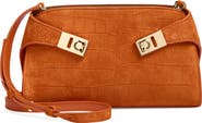 FERRAGAMO Hug Croc Embossed Suede East/West Shoulder Bag