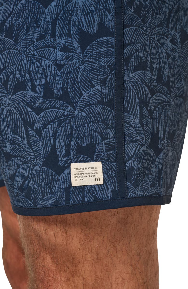 TravisMathew Tidal Whisper Palm Tree Print Swim Trunks, Alternate, color, Total Eclipse