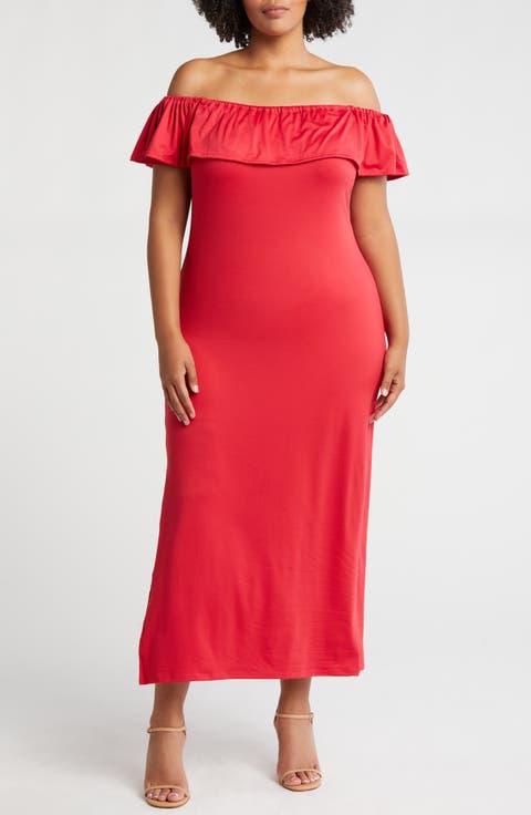 Off the Shoulder Jersey Midi Dress (Plus)