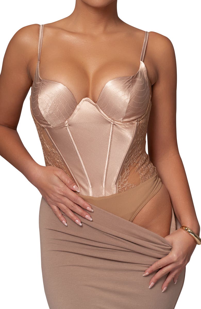 JLUXLABEL Incomparable Lace Inset Satin Bodysuit, Alternate, color, Brown