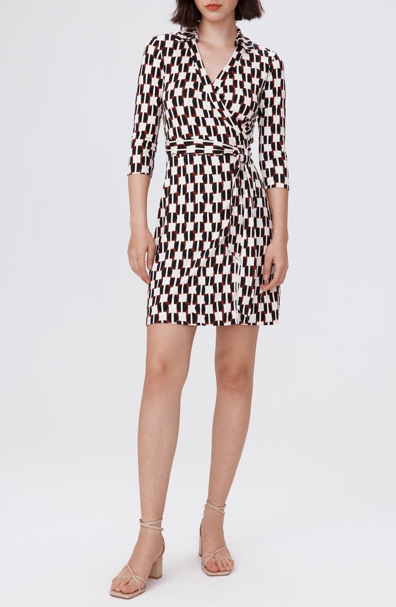 DVF New Jeanne Two Geometric Print Silk Wrap Dress, Main, color, Maypole Blk