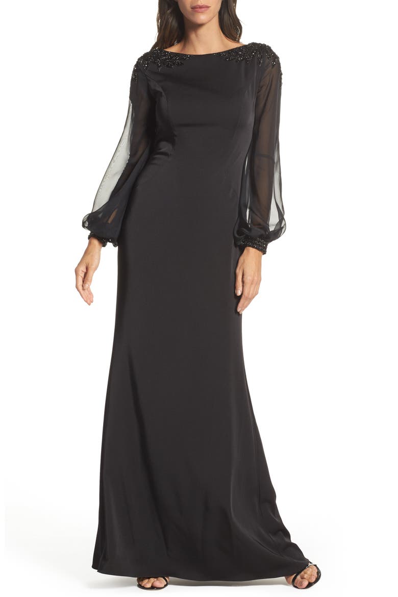 Beaded Bubble Sleeve Gown, Main, color, BLACK