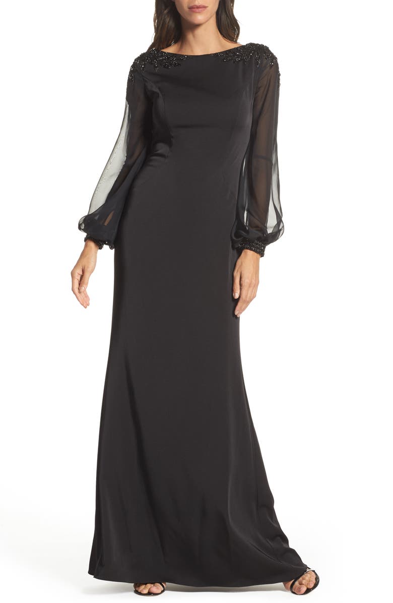 La Femme Beaded Bubble Sleeve Gown, Main, color,