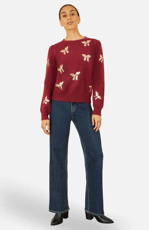 Yumi Sequin Applique Bow Sweater In Burgundy