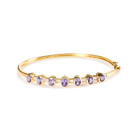 14K Yellow Gold Alternating Tanzanite and 1/5 Cttw Diamond Bangle Bracelet