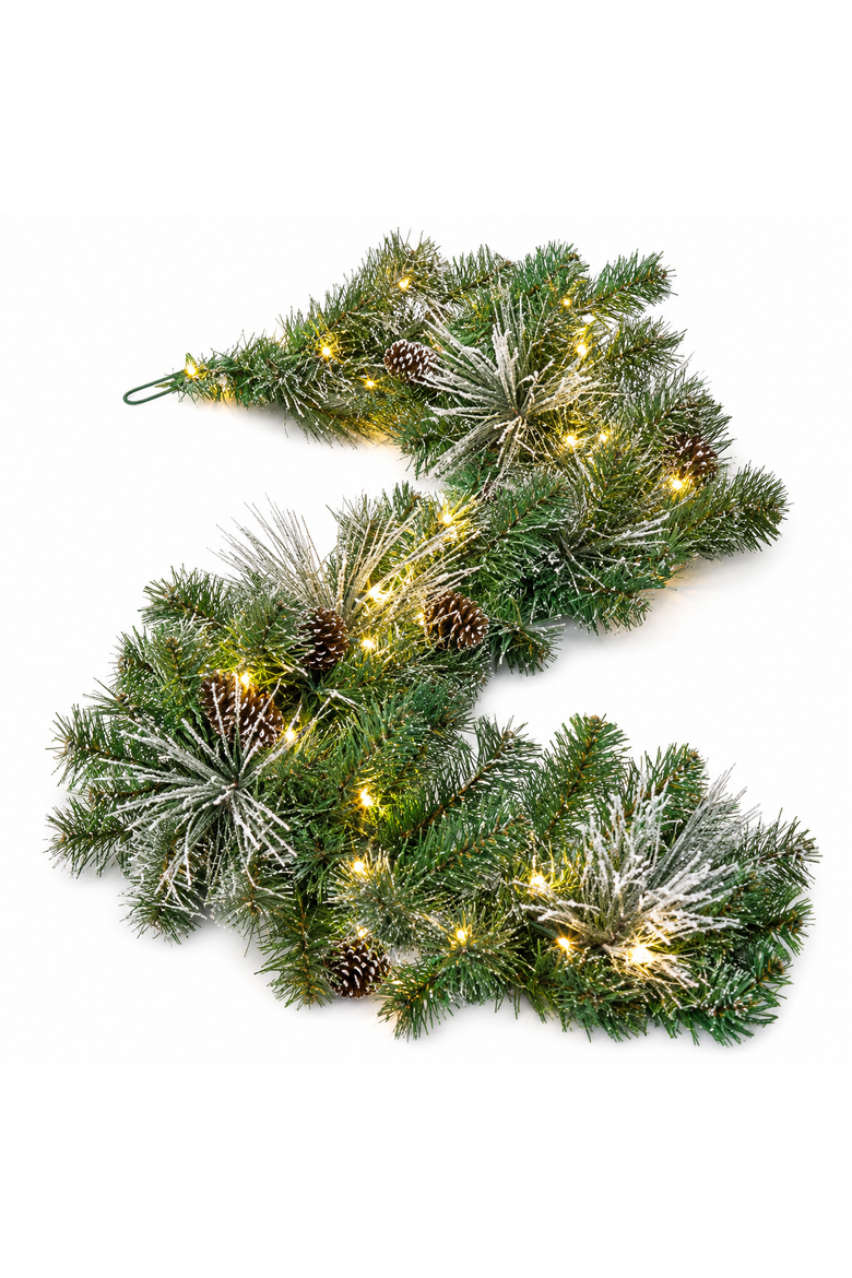 Sullivans LED Pine Garland for Christmas Decor 108in Long Realistic PVC and Rattan Greenery Perfect for Mantels and Doorways, Main, color, Green