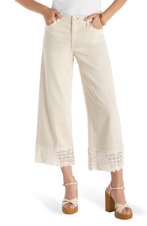 Stride Lace Hem High Waist Ankle Wide Leg Jeans (Ecru)