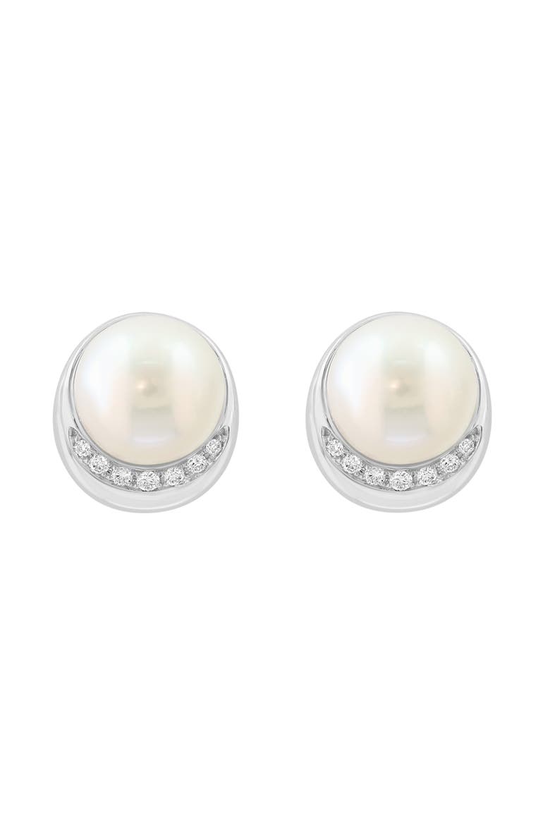 14K White Gold Freshwater Pearl & Diamond Stud Earrings, Main, color, WHITE
