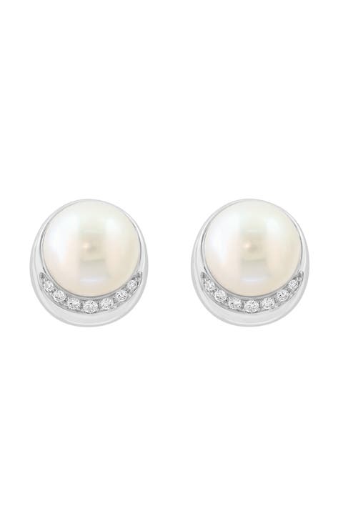 14K White Gold Freshwater Pearl & Diamond Stud Earrings