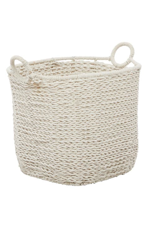 White Cotton Bohemian Storage Basket with Handles