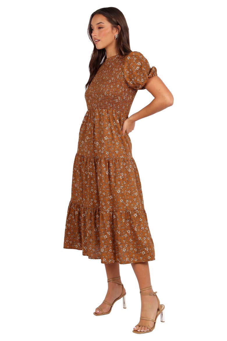 Naura Tiered Cotton Midi Dress, Alternate, color, COGNAC FLORAL
