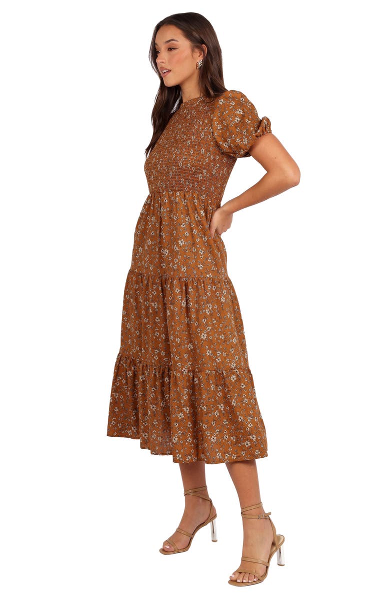 Petal & Pup Naura Tiered Cotton Midi Dress, Alternate, color, Cognac Floral