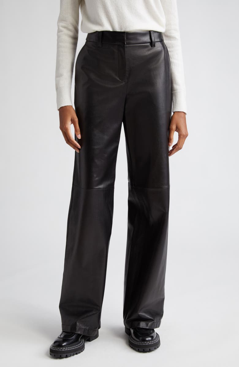 Lafayette 148 New York Sullivan Wide Leg Lambskin Leather Pants, Main, color, Black