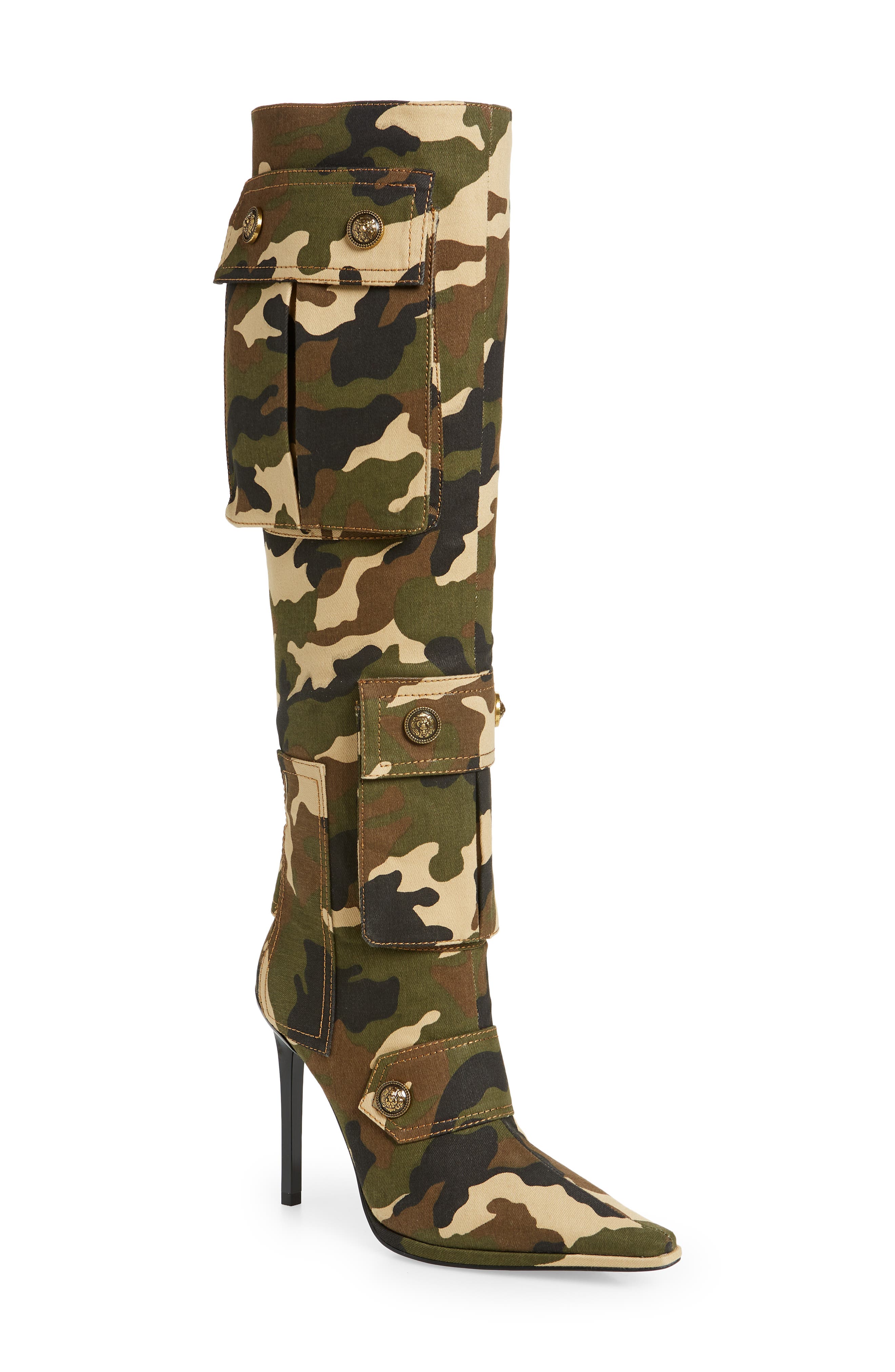 Pocketed Pointed Toe Knee High Boot, Main, color, BEIGE CAMO