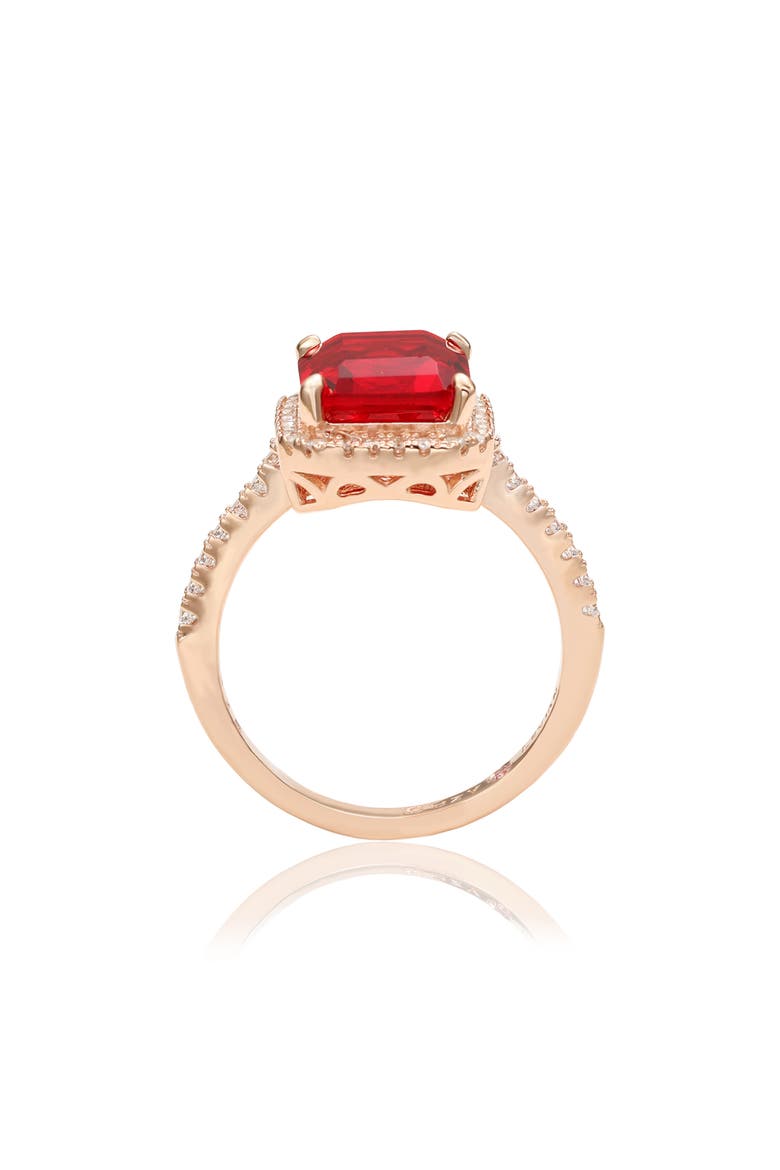 14K Rose Gold Plated Sterling Silver Red & White Cubic Zirconia Halo Bridal Ring, Alternate, color, RED