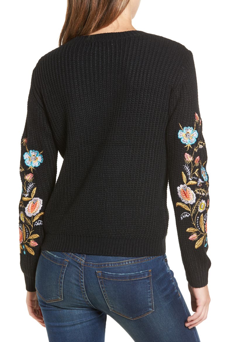 Embroidered Waffle Stitch Sweater, Alternate, color, BLACK