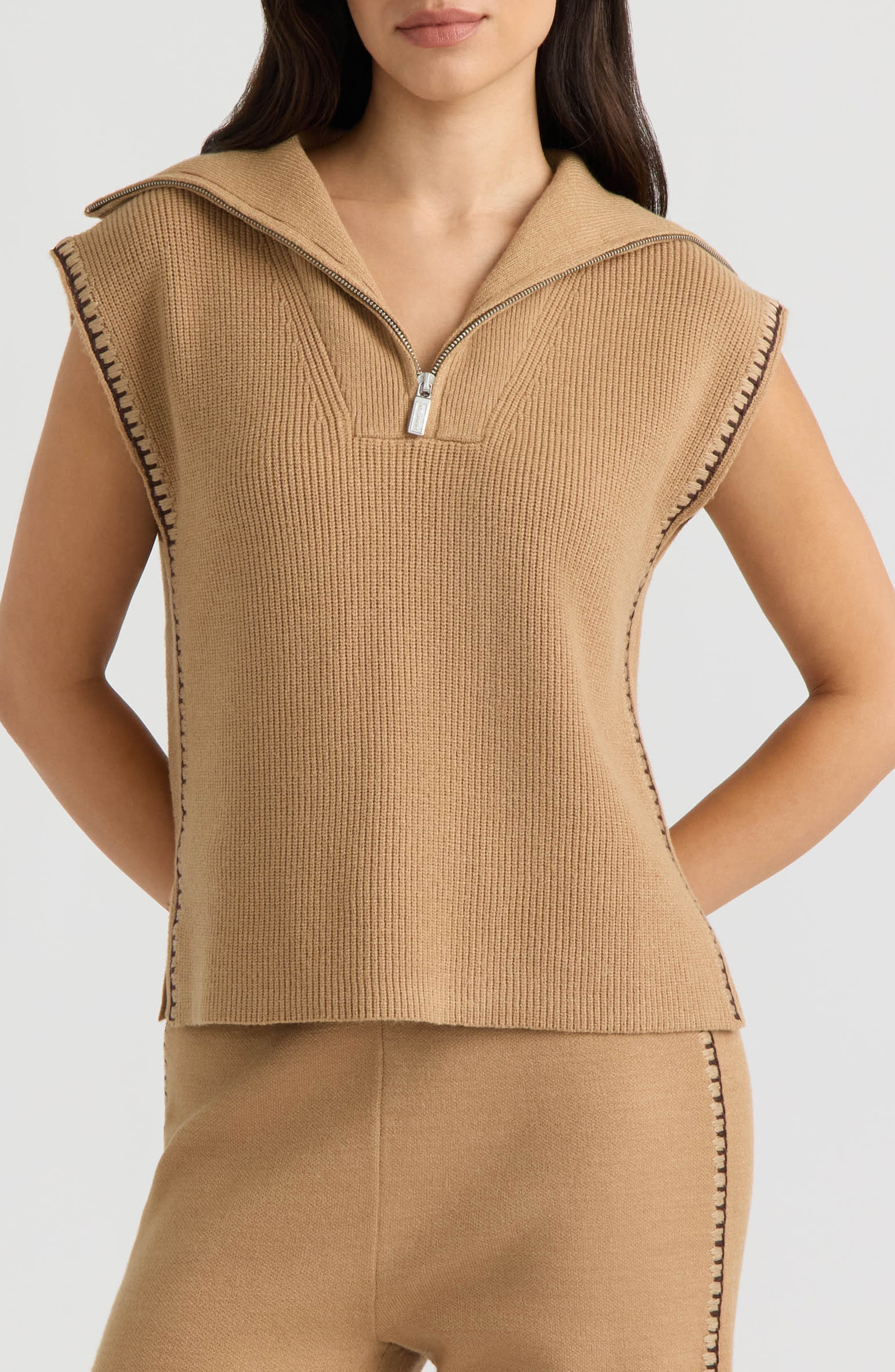 Embroidered Quarter Zip Sleeveless Sweater