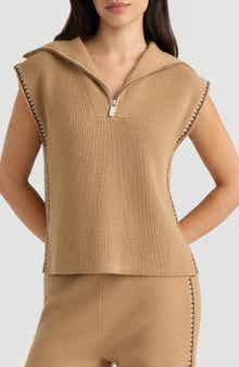 Embroidered Quarter Zip Sleeveless Sweater