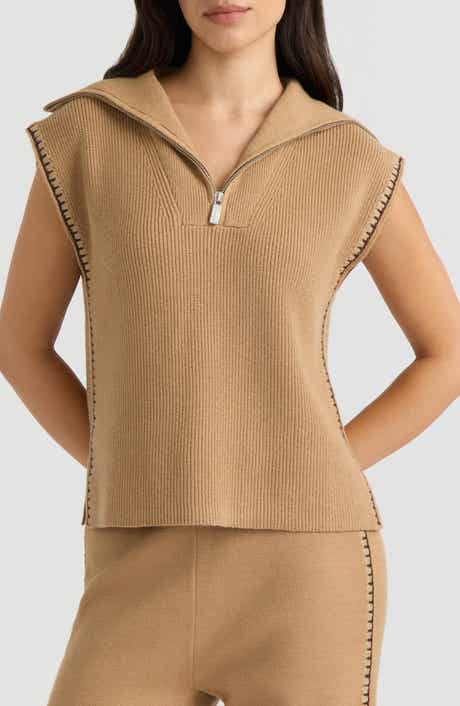 Embroidered Quarter Zip Sleeveless Sweater