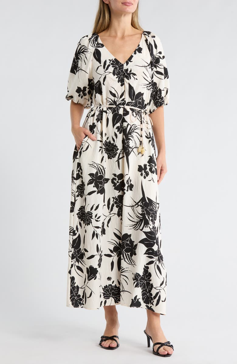 Ellen Tracy Floral Puff Sleeve Maxi Dress, Main, color, Marsh/ Black Tropical Floral