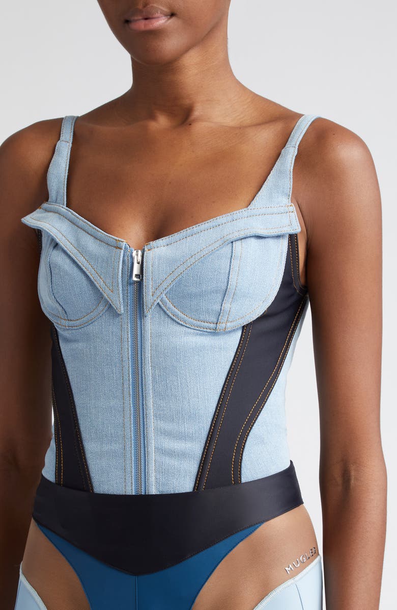 MUGLER Stretch Denim & Jersey Corset Bodysuit, Alternate, color, 