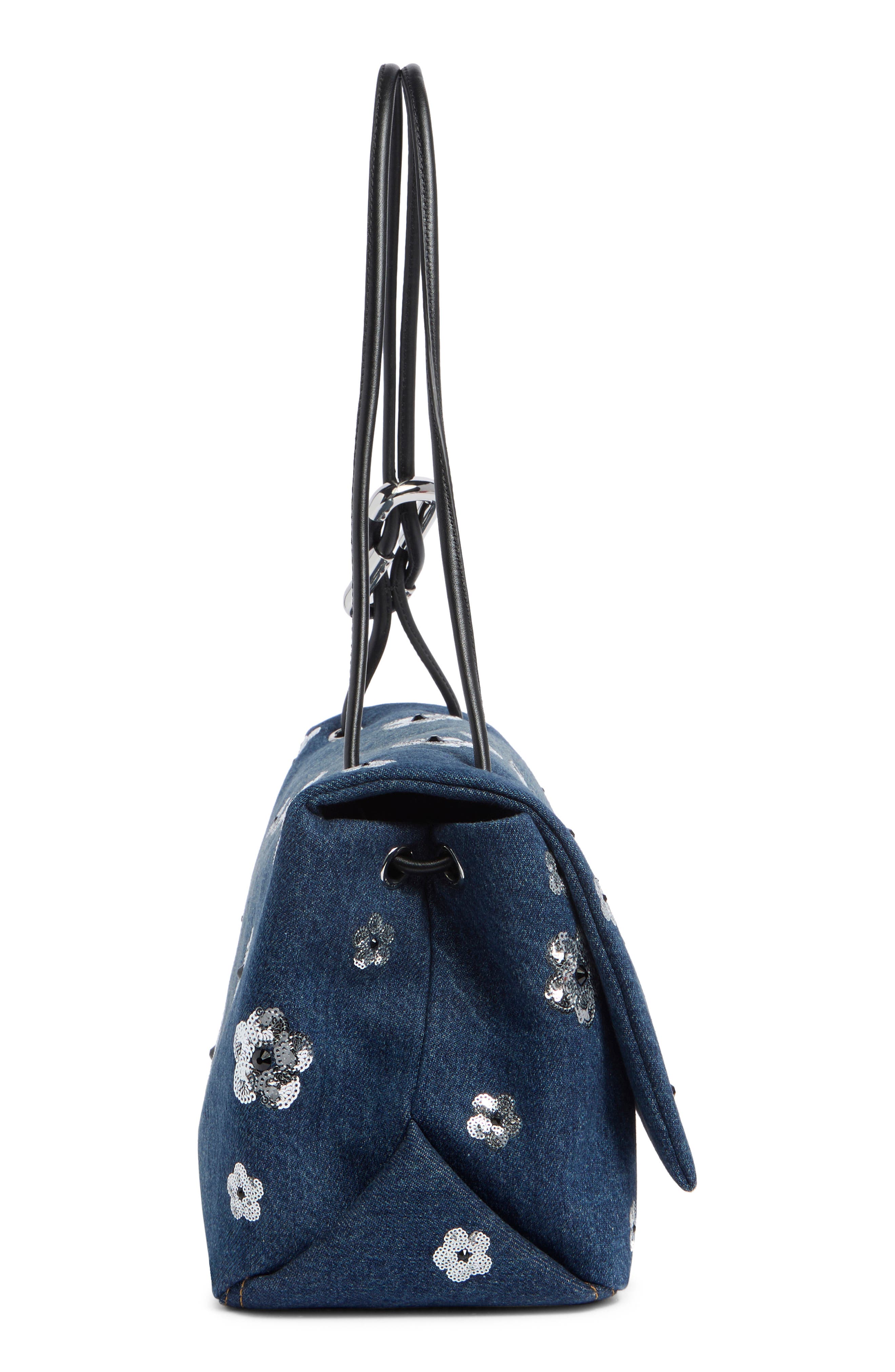The Large Dual Sequin Flower Denim Shoulder Bag, Alternate, color, VINTAGE INDIGO